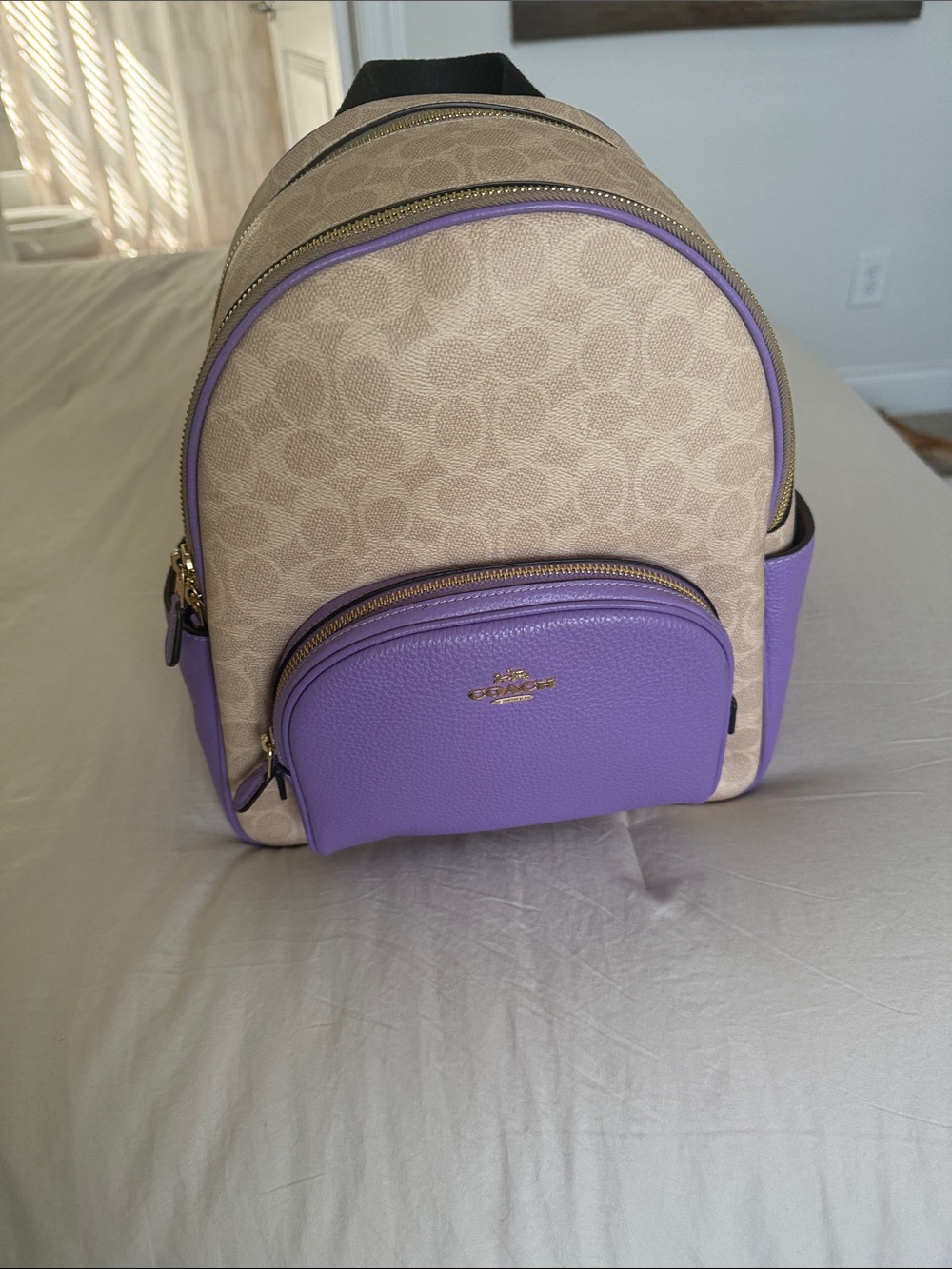Coach Beige Signature Canvas Backpack with Lavender Accents